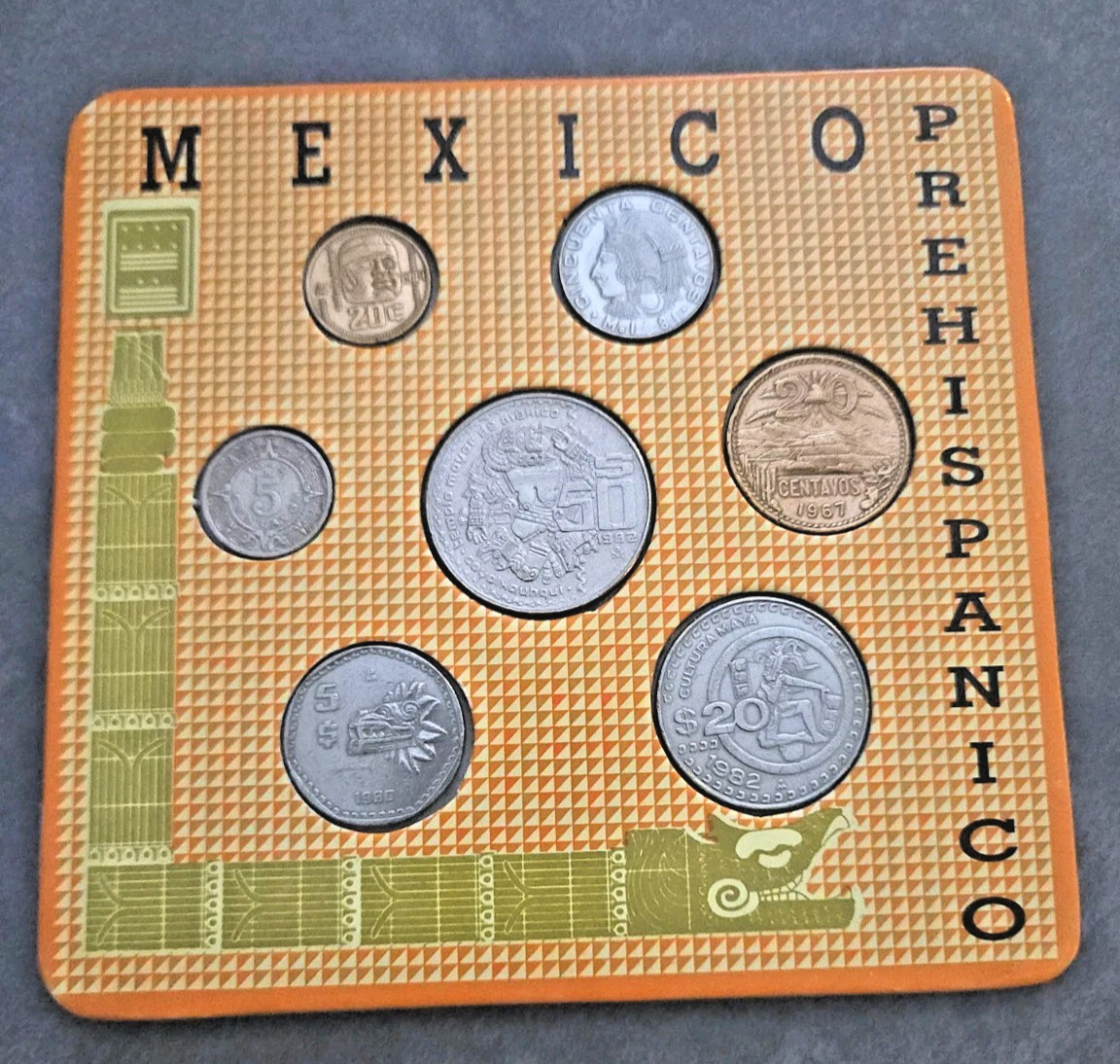 Mexican Souvenir 7 Genuine Coins Set  Prehispanico- Aztecan Calendar Olmeca Head