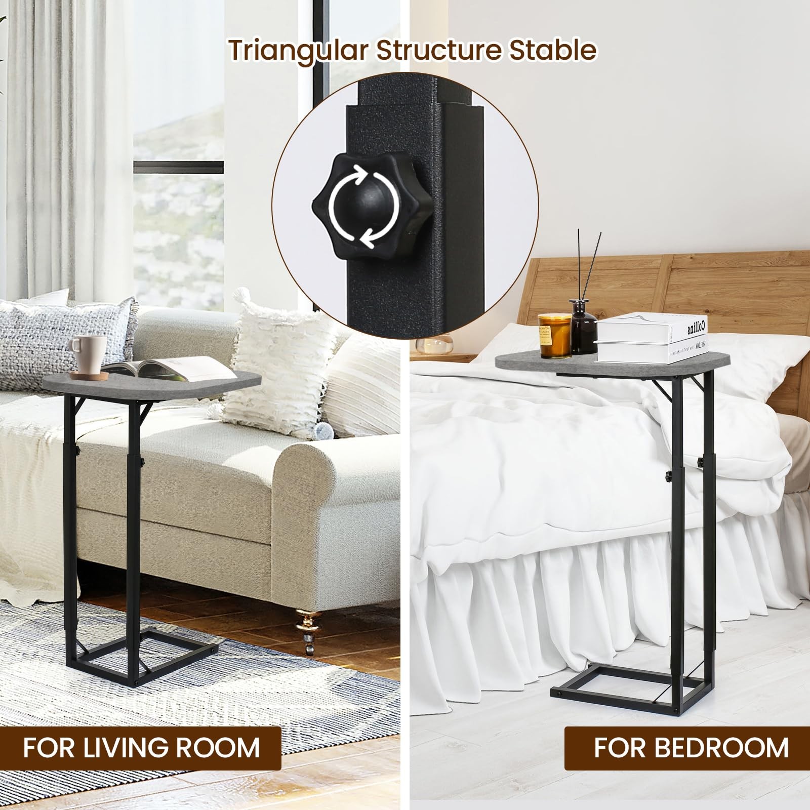 CShaped End Table Couch Adjustable Sofa Side TV Tray Rustic Gray Metal