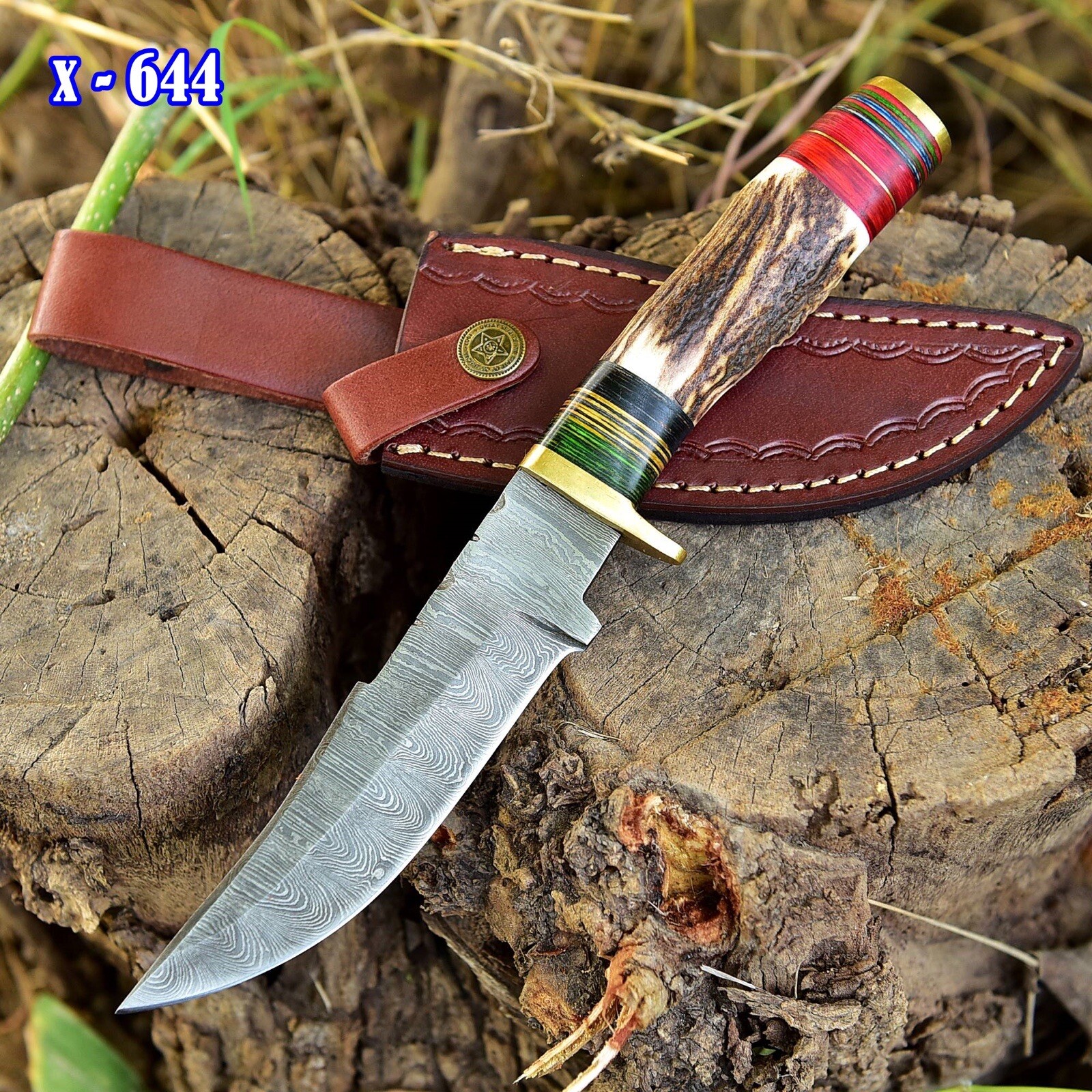 10”Handmade Damascus Skinning Hunting Fix Blade Knife Stag Antler & Brass Guard