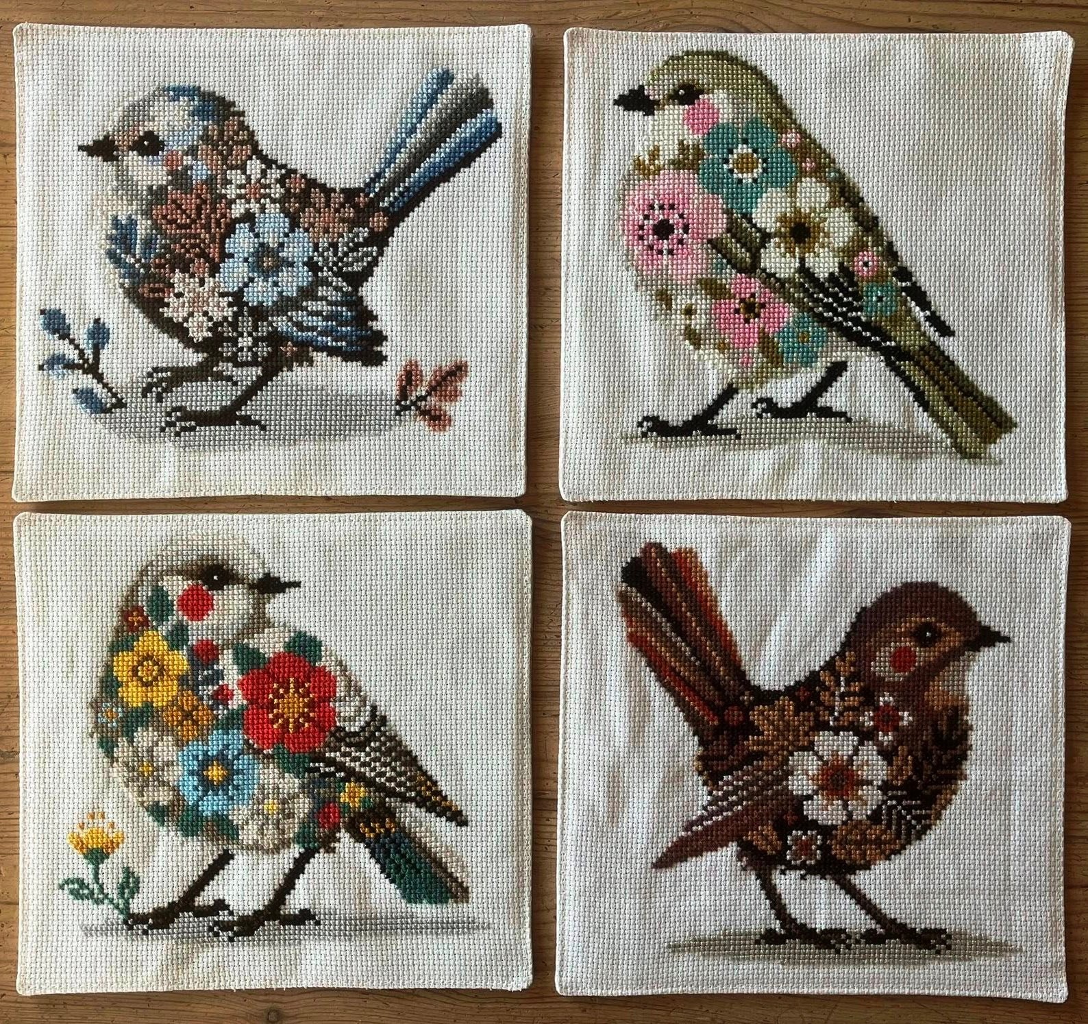 SET OF 4 Birds Wild Nature Garden Flowers Cross Stitch Pattern Sampler Primitive