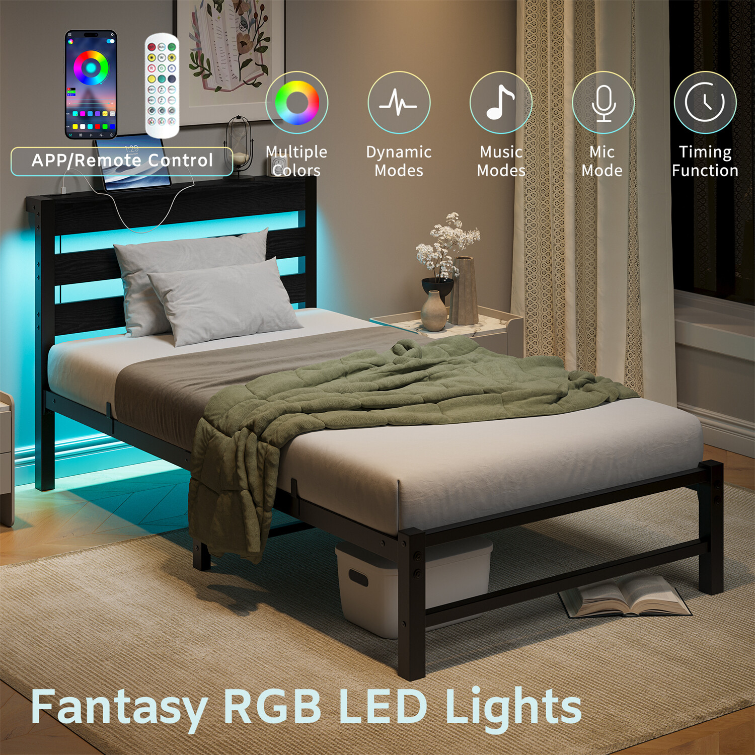 Twin Size Bed Frame Metal Platform Bed with LED Lights & Charging Station US