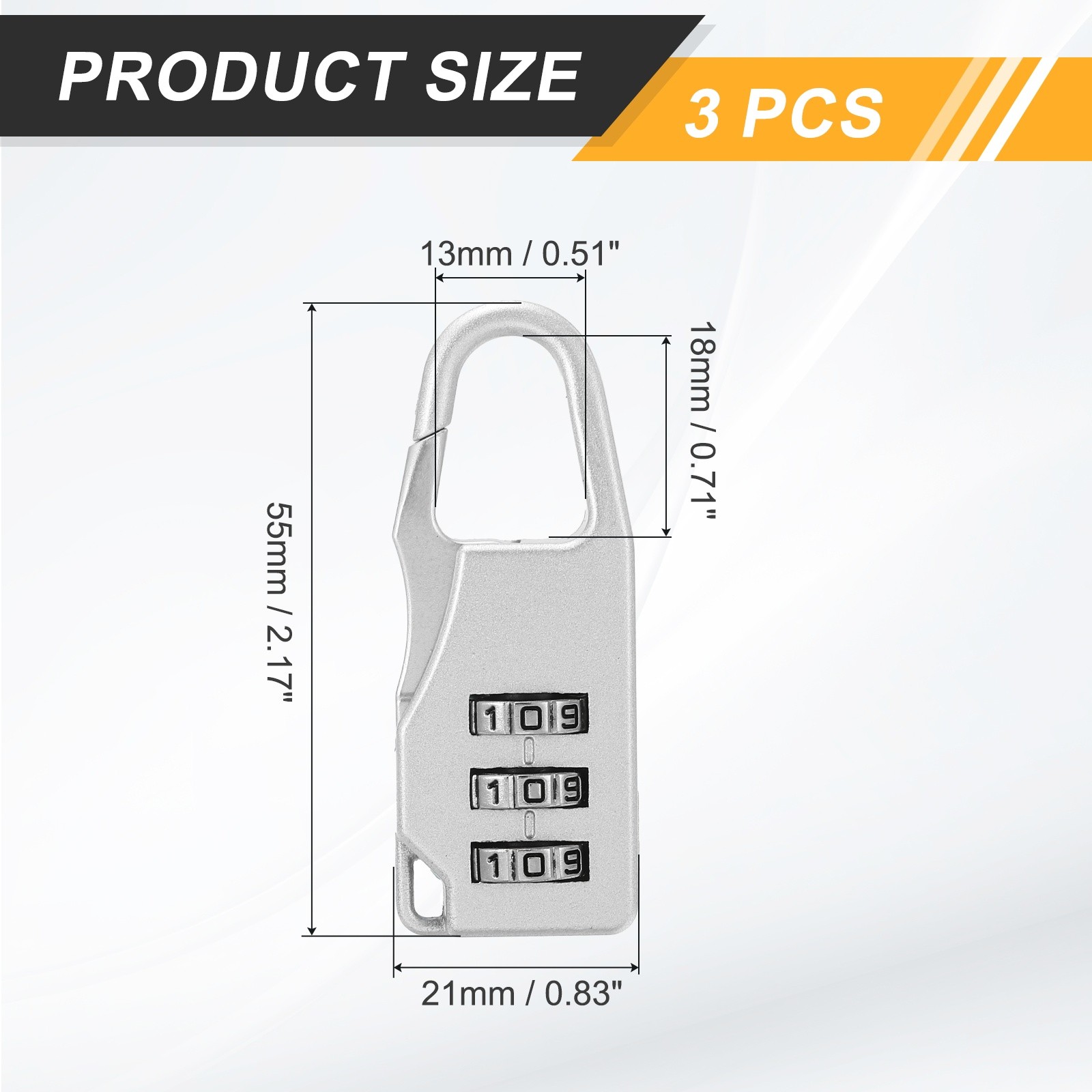 3Pcs Resettable 3 Digit Combination Lock Code Padlock, Silver (55 x 21mm)