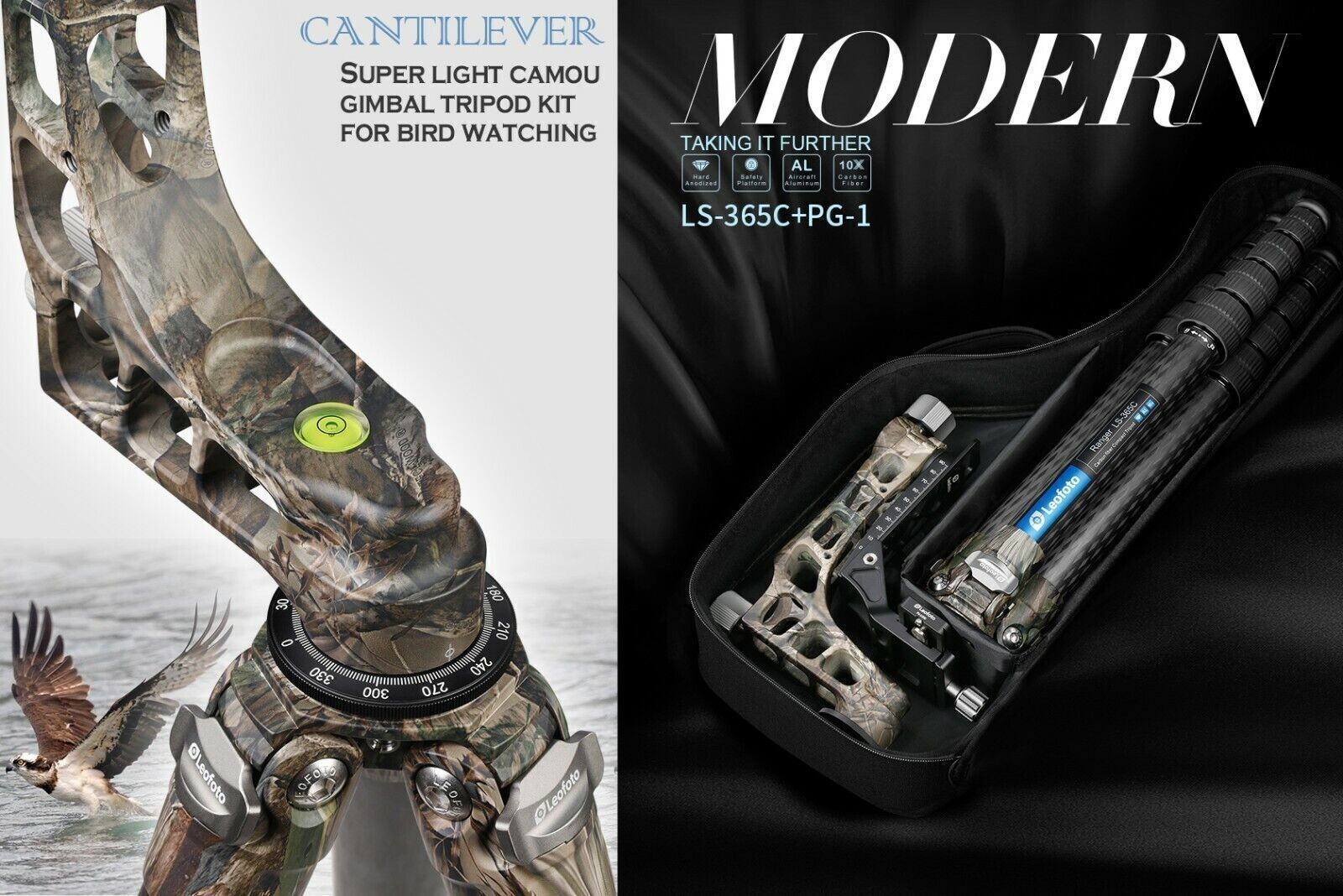 Leofoto LS-365C + PG-1 Camouflage Carbon Fiber Tripod + Gimbal Head