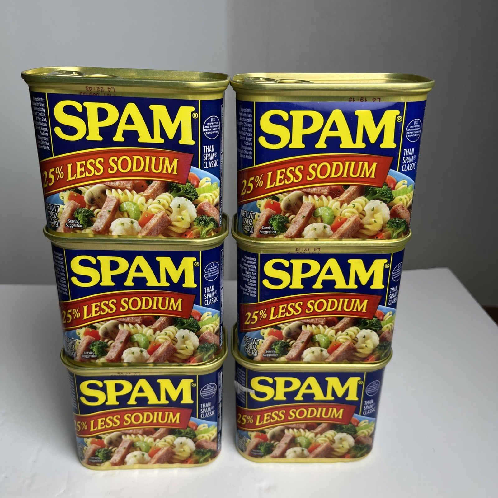 6 Cans of SPAM 25% Less Sodium - 12 oz Cans, Canned Luncheon Meat, Lower Salt