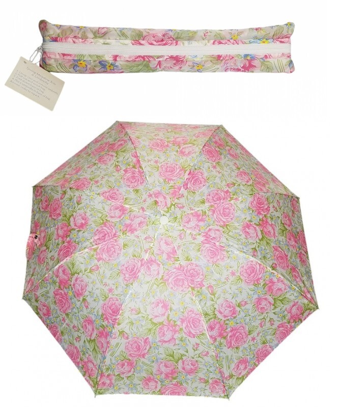 Avon Umbrella With Tote Spring Meadow Pink Floral Opens to 40" 1991 Vintage New