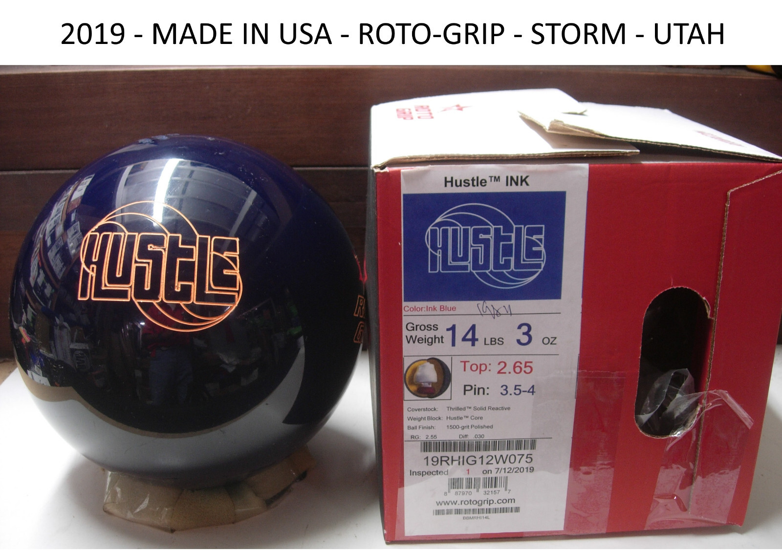gaA7 14# 3oz, TW 2.65, Roto-Grip USA 2019 HUSTLE INK Bowling Ball NIB=New In Box