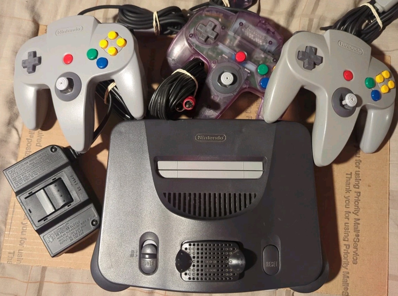 Nintendo 64 N64 Charcoal Console +3 Controllers w/EXC Joysticks) +Cables GD+ f/s