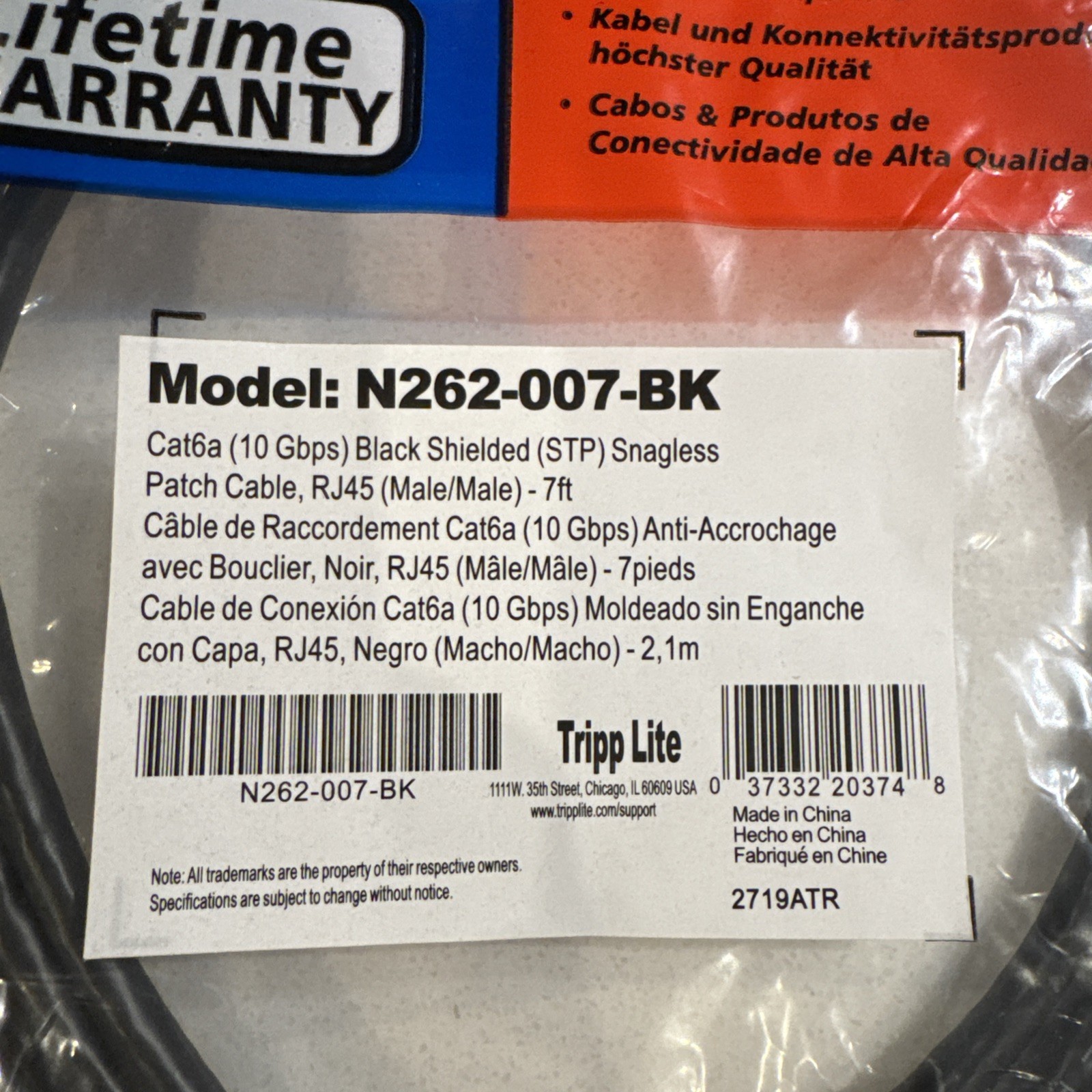 Tripp Lite Cat6a (10Gbps) Black Shielded (STP) Snagless Patch Cable RJ45 M/M 7ft