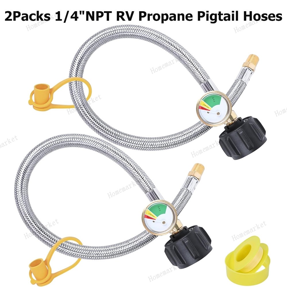 15-Inch RV Propane Hose with Gauge for 5-40lb Tanks Camper Gas Line Silver NEW