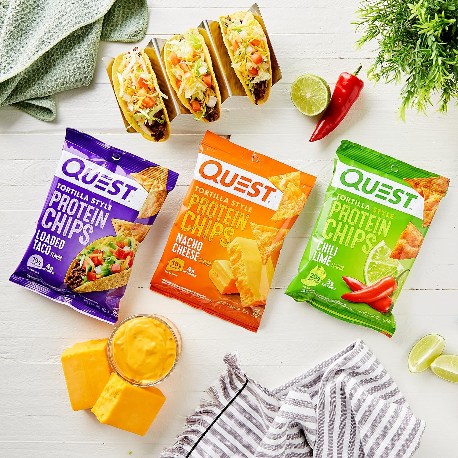 Nutrition Tortilla Style Protein Chips Variety Pack, Chili Lime, Nacho Cheese, L