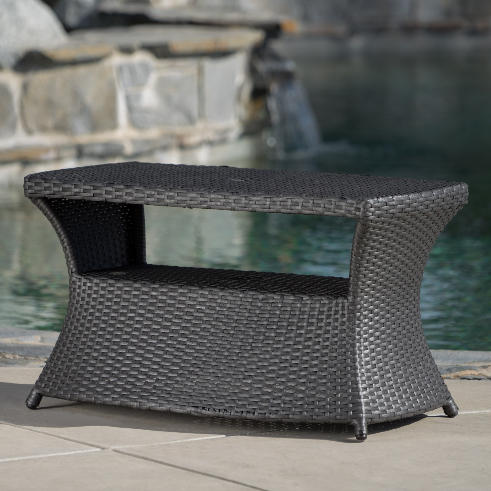 Outdoor Patio Side Table with Umbrella Hole, Shelf & Storage, Grey Rattan