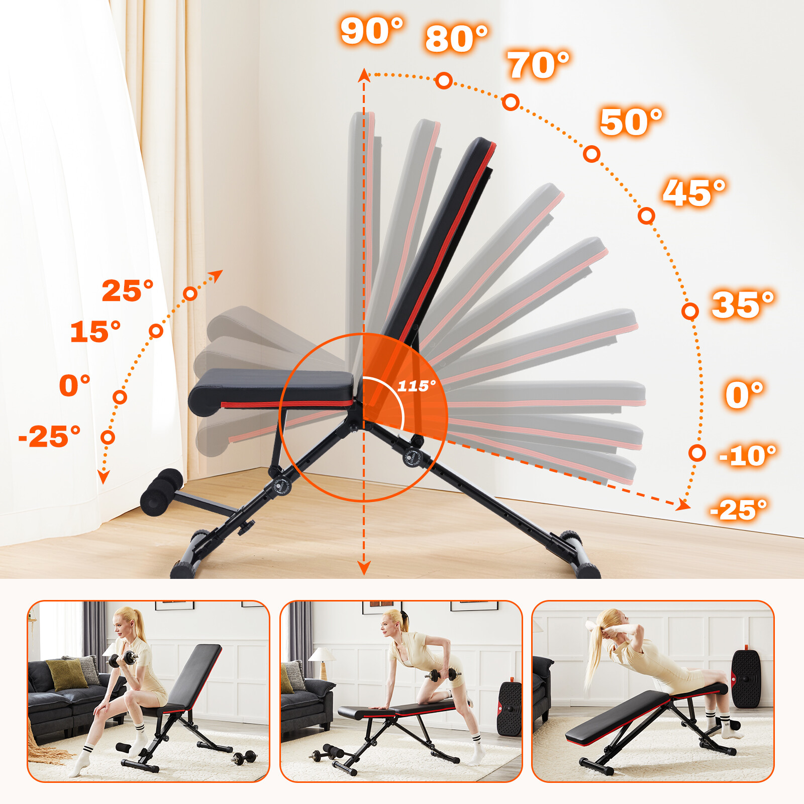 Foldable Home Gym Stool, Sit-Up Stool, Training Bench with Adjustable Back