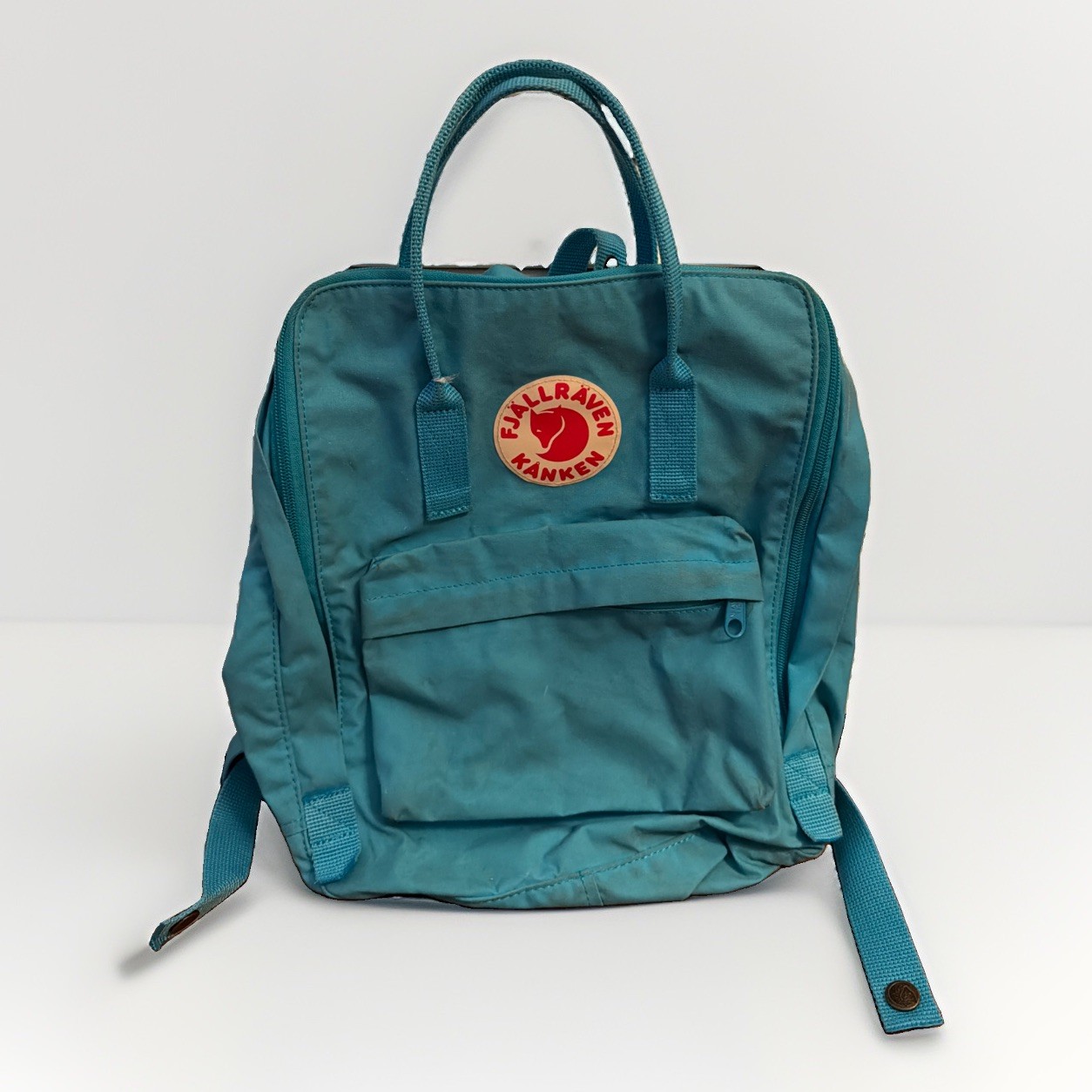 Fjallraven Kanken Teal Sky Blue Backpack Canvas Straps Pockets 14” Tall