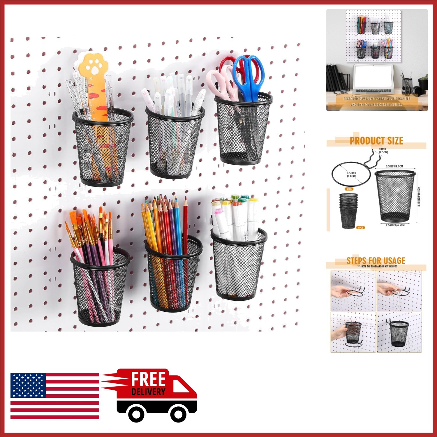 Multipurpose Pegboard Baskets with Hooks for Office and Home Organization