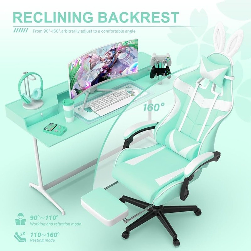 Cute Gaming Chair Removable Bunny Ears Ergonomic Design Adjustable Comfort New