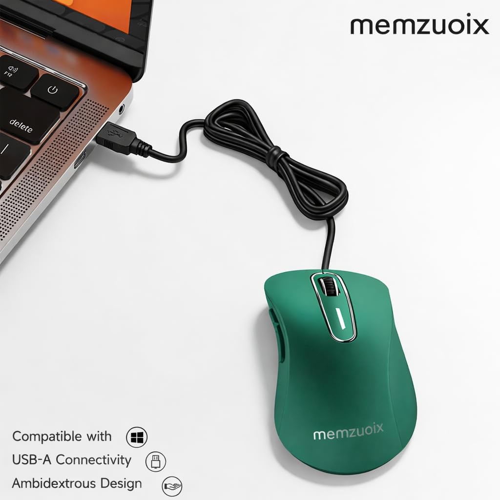 Wired USB Computer Mouse 1400 DPI Optical Ergonomic 5 Ft Cord Dark Green