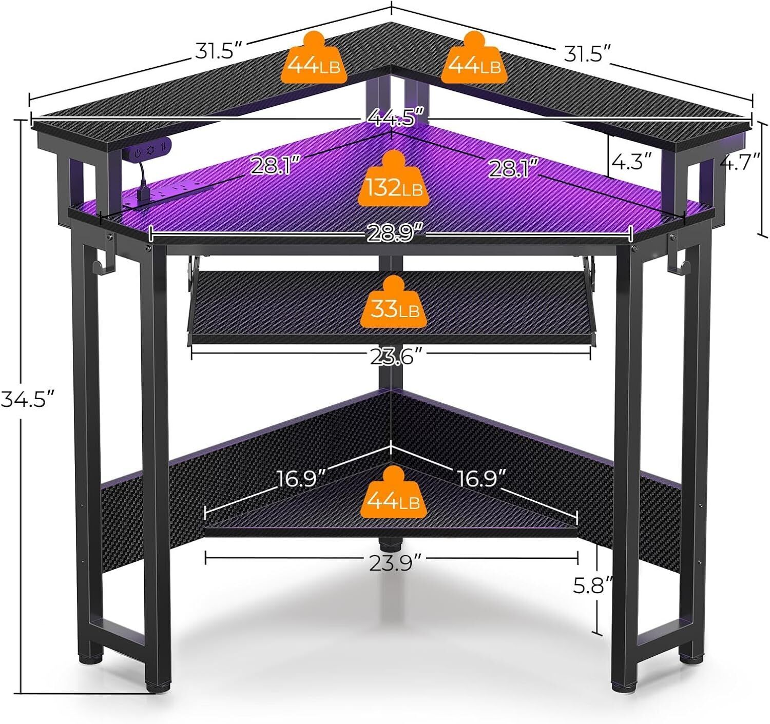 Corner Desk Small Carbon Fiber Computer Desk with Power Outlets LED Lights Black