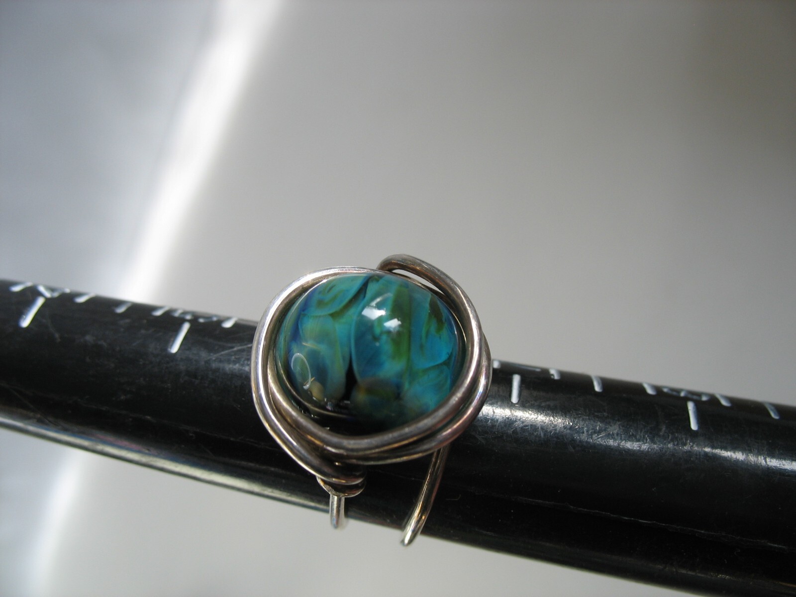 Handmade Silver wire wrap ring Green blue aqua round bead 6 1/2