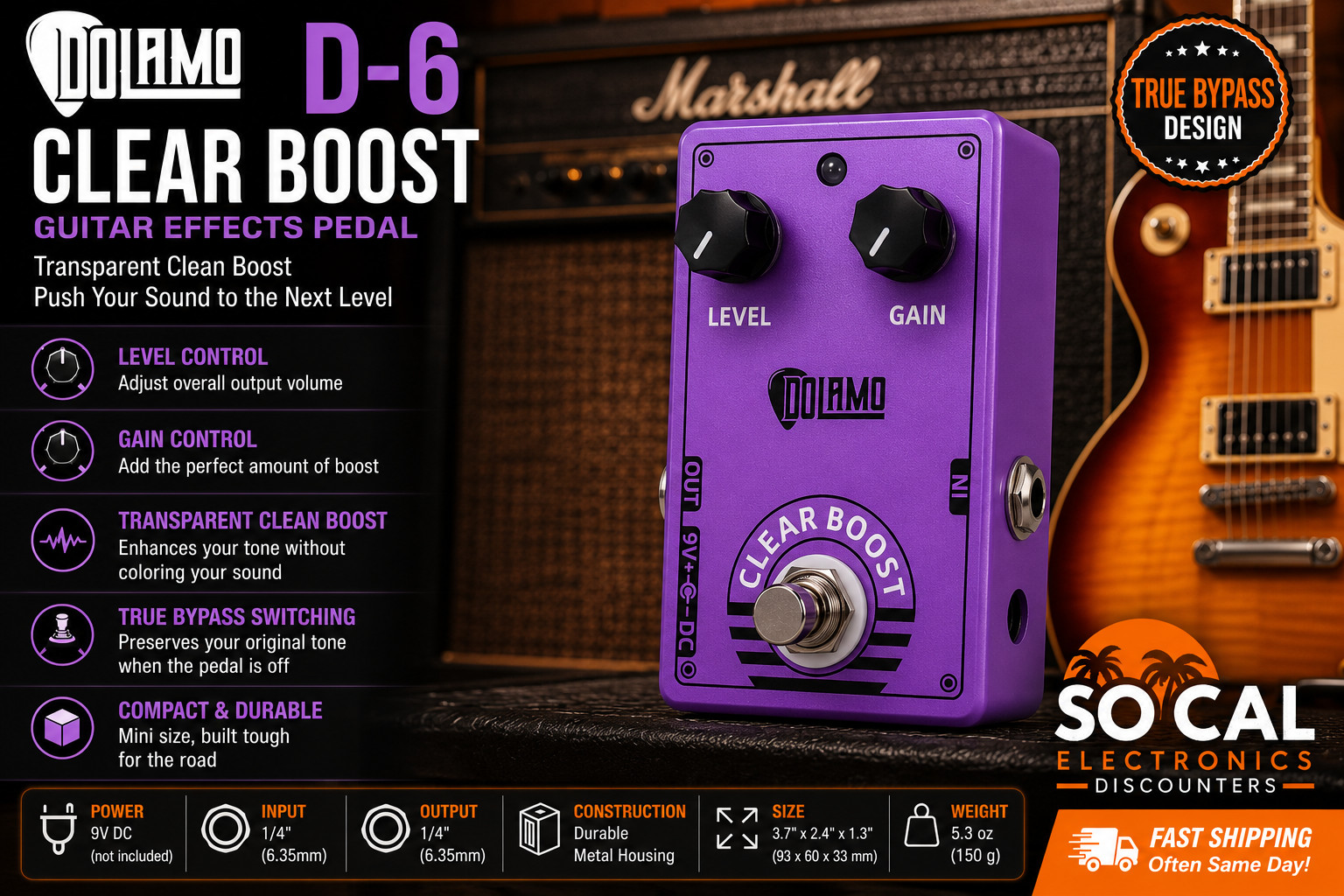 Dolamo D-6 Clear Boost Guitar Effects Pedal True Bypass Mini Stompbox New