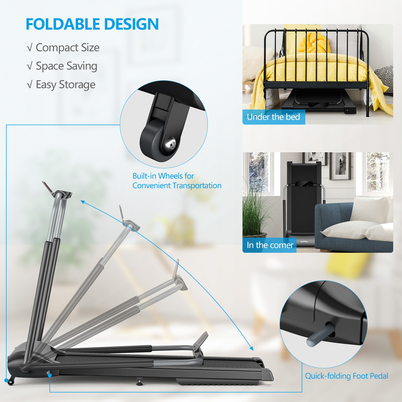 Folding 3HP Treadmill Compact Walking Jogging Machine W/Touch Screen APP Control