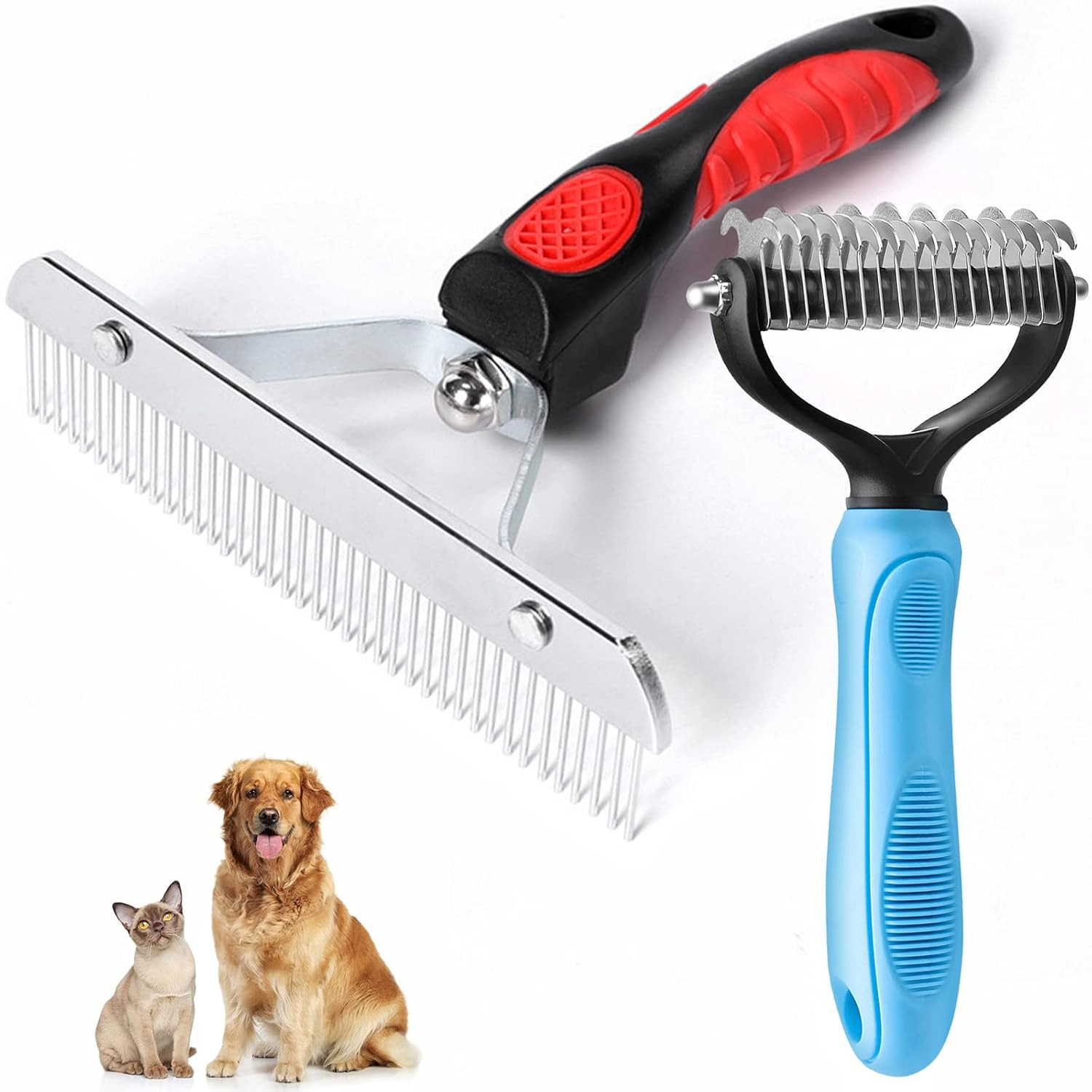 Undercoat Rake for Dogs, Long Tooth Dog Grooming Rake + Deshedding Brush Comb, D