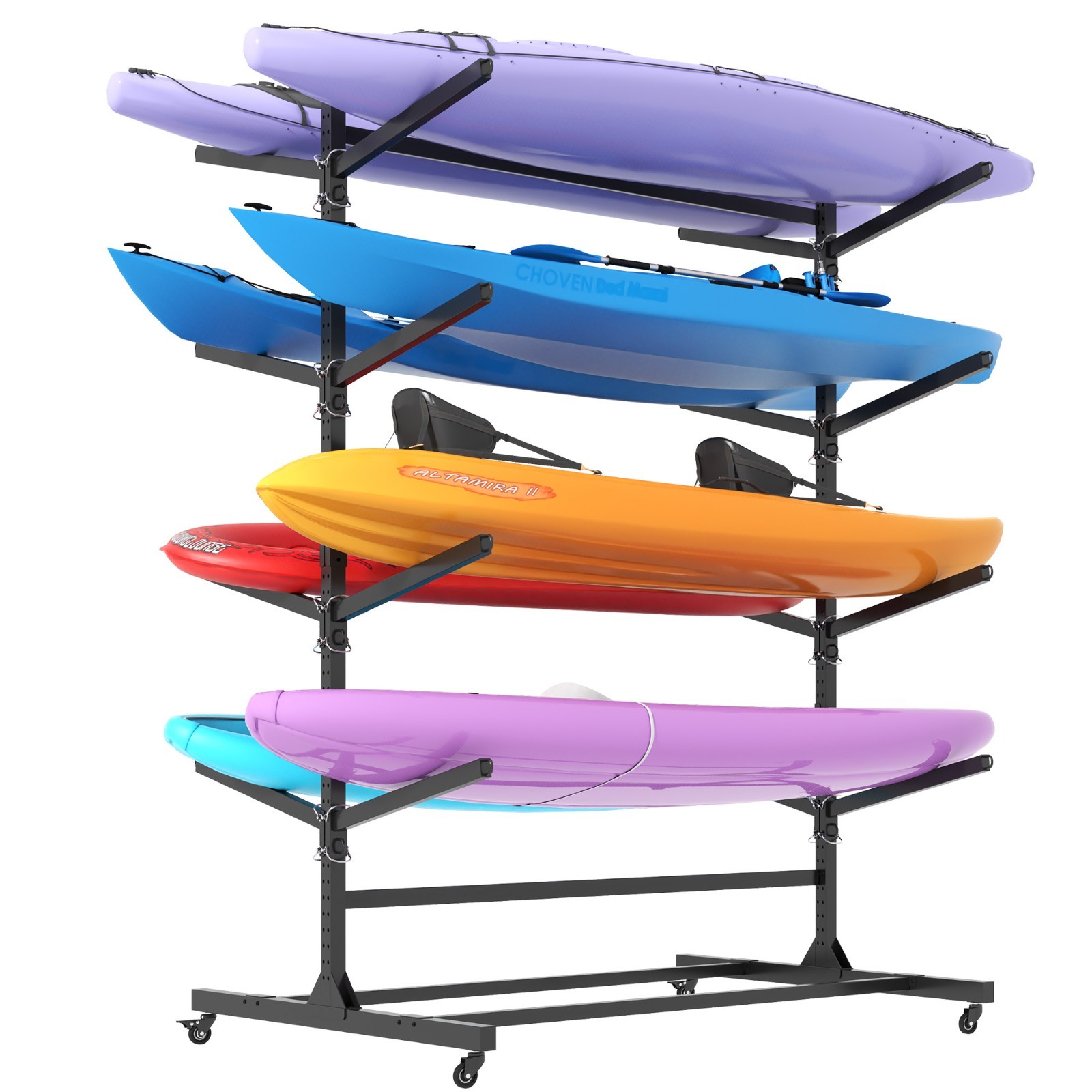 Heavy Duty 8-Kayak Freestanding Rack with Wheels, Adjustable 82"H