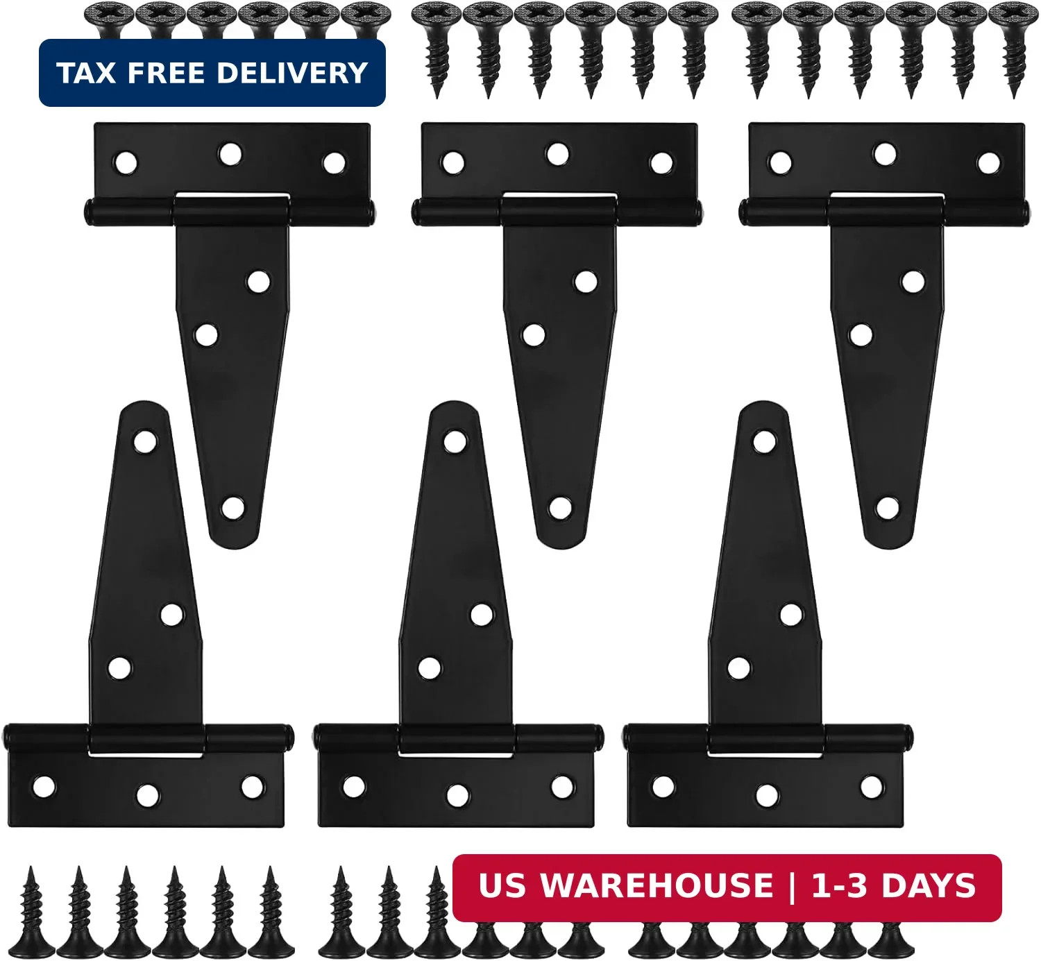 6 Pack 3 Inch T Strap Hinges, Shed Door Gate Hinges, Heavy Duty Black Outdoor Te