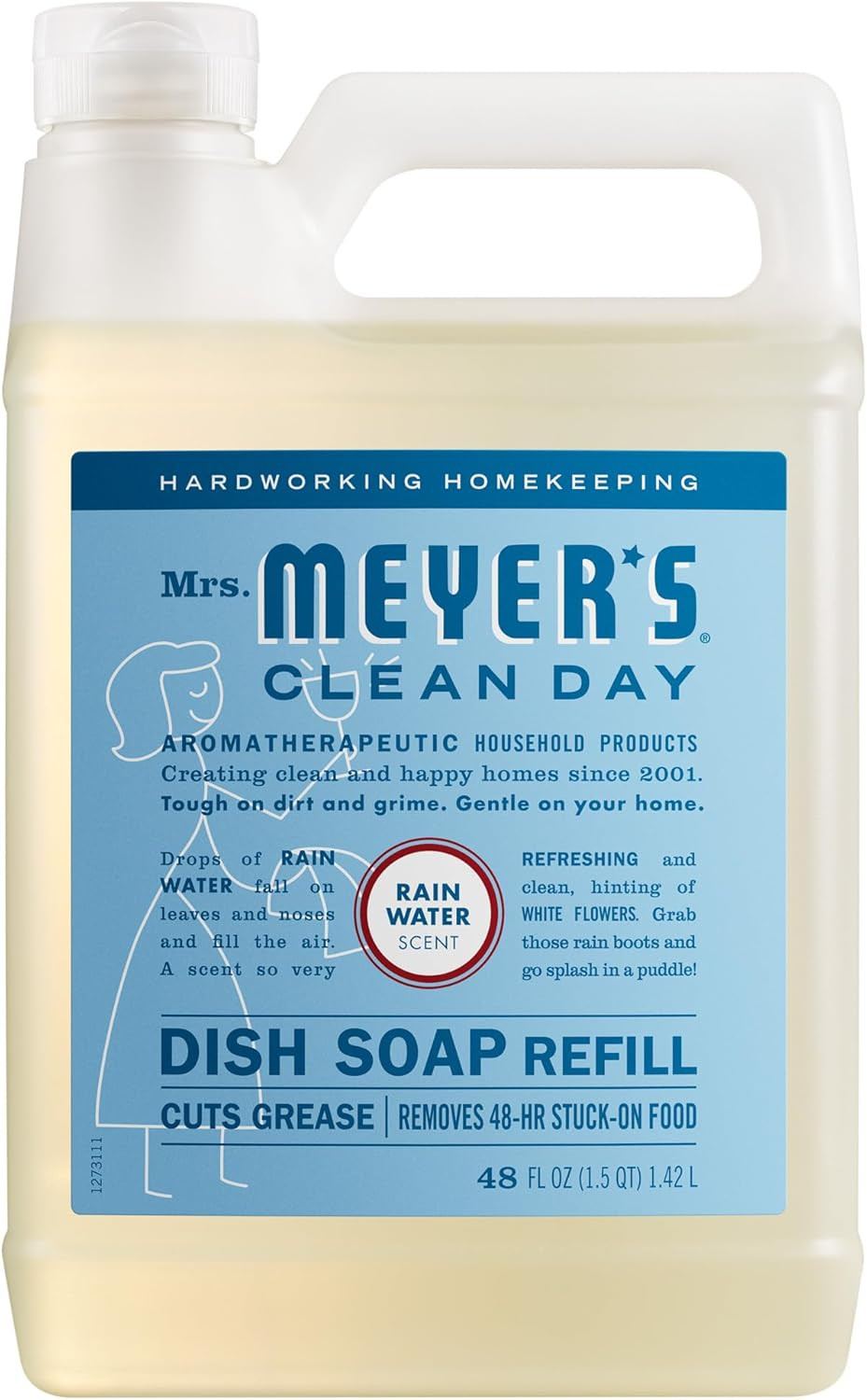 Mrs Meyers Liquid Dish Soap Refill Rain Water Scent Plant Degreaser 48 oz