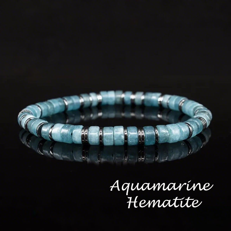 Natural Aquamarine & Hematite Beaded Crystal Healing Reiki Stretch Bracelet