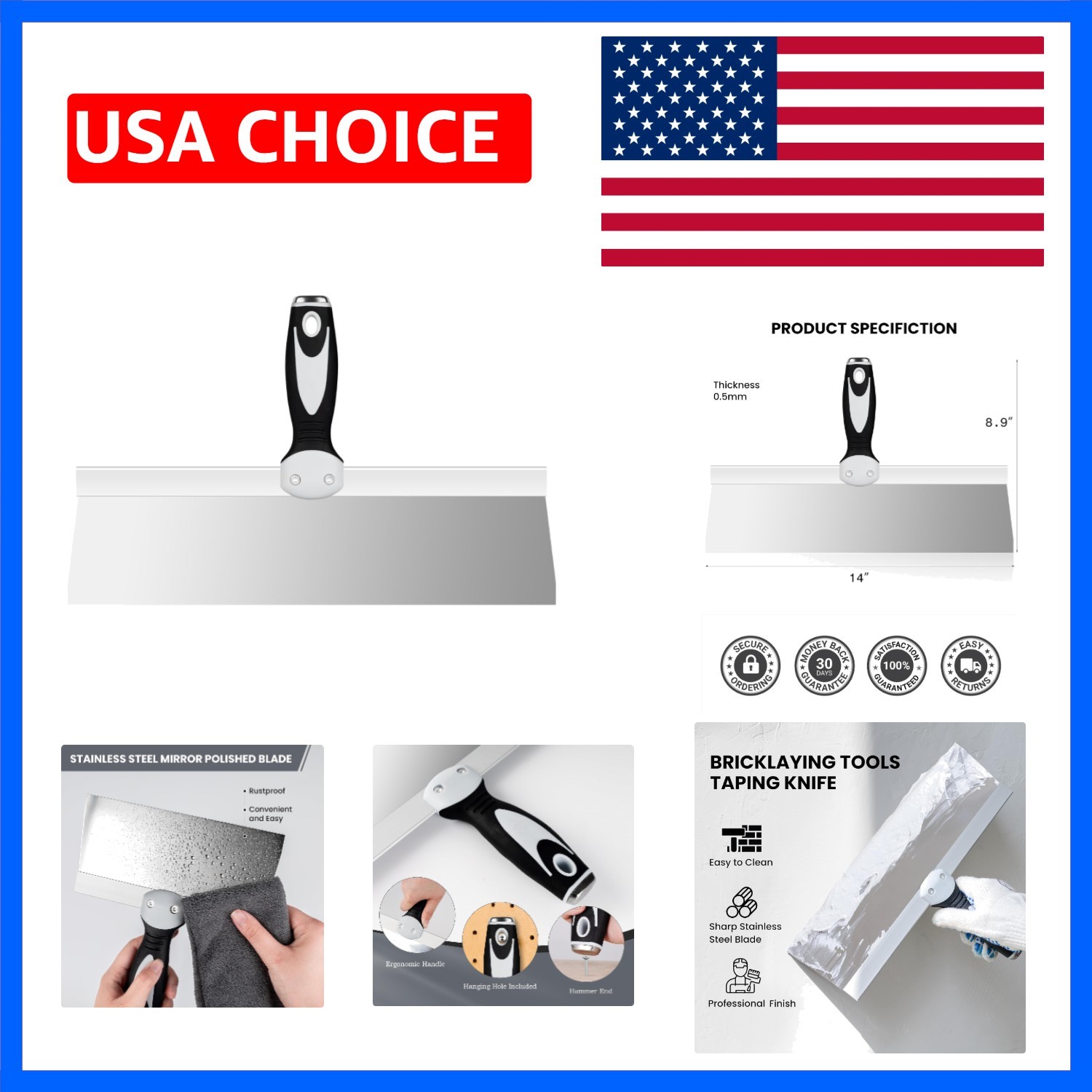 14" Drywall Taping Knife, Stainless Steel Paint Scraper, Drywall Skimming Bla...