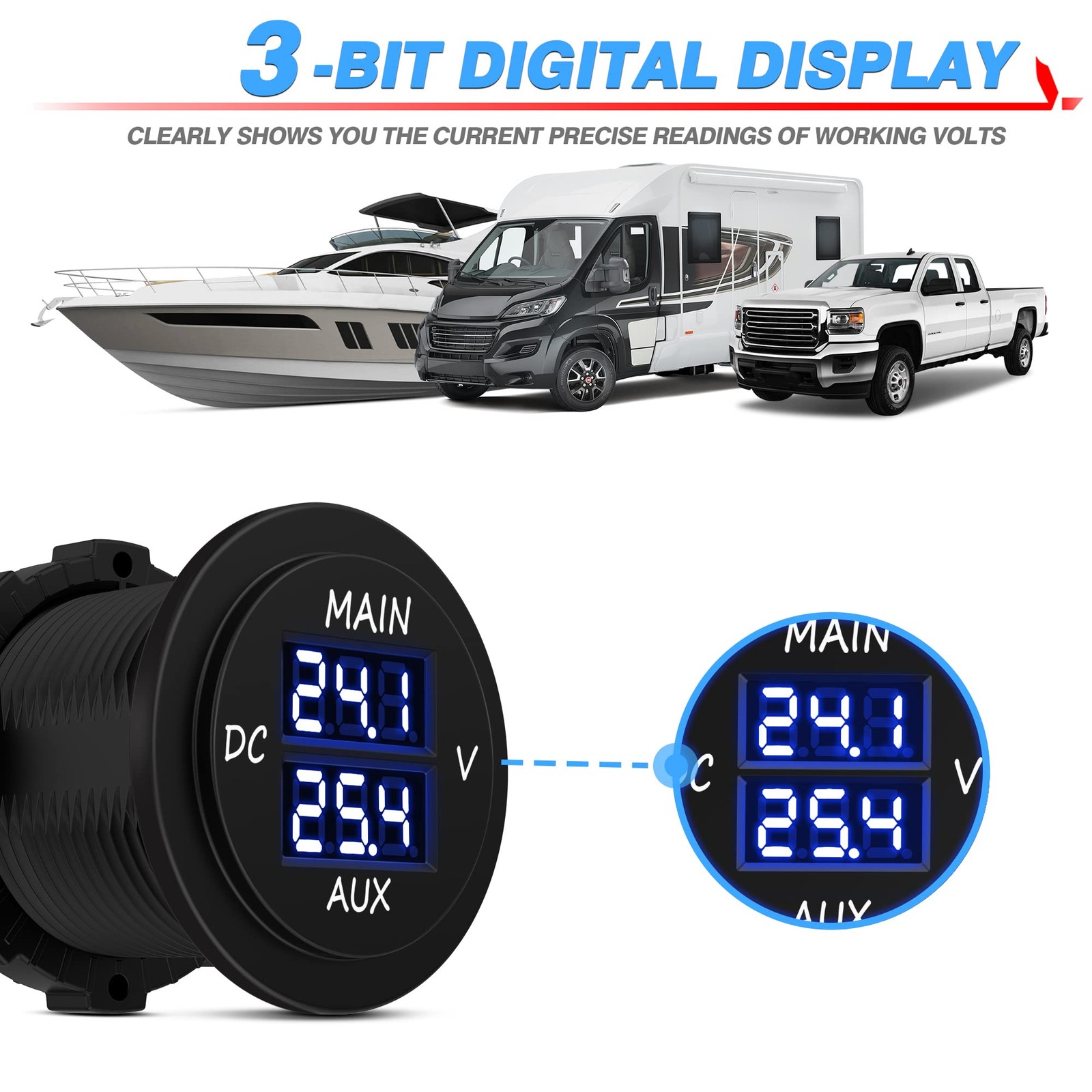 MICTUNING LED Digital Double Voltmeter, Round Vlotmeter, Blue