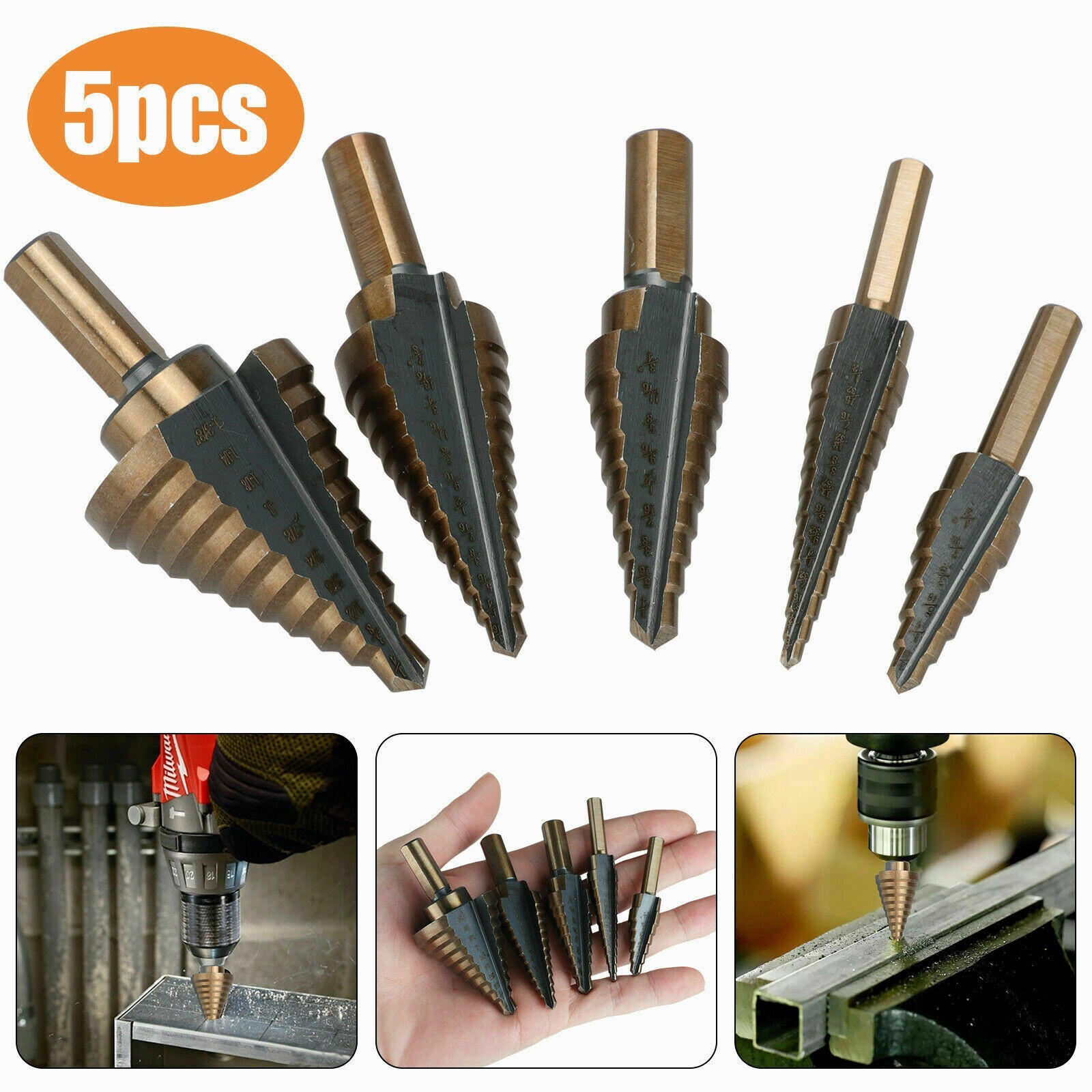 5pcs SAE Step Drill Bit Set HSS Cobalt Multiple Hole 50 Size TRI-FLAT Shank