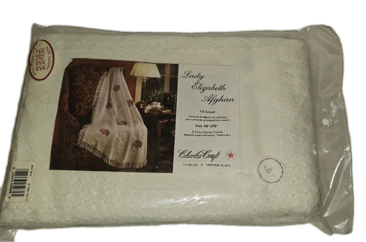 Charles Craft Cross Stitch Fabric Afghan Lady Elizabeth 48" x 58" 14ct White