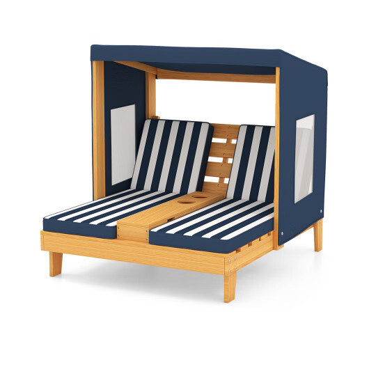 Kids Patio Lounge Chair with Cup Holders and Awning-Navy - Color: Navy
