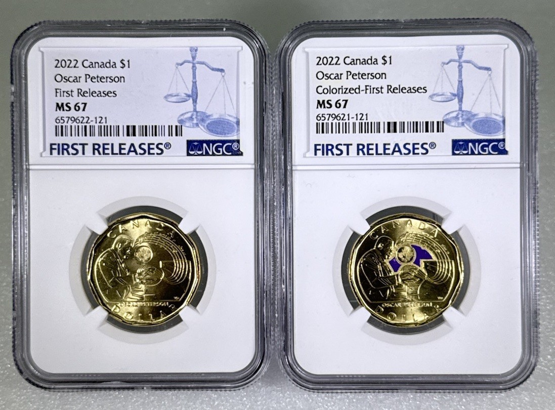 2022 $1 CANADA NGC MS67 OSCAR PETERSON LOON LOONIE DOLLAR MATCHED 2-COIN SET
