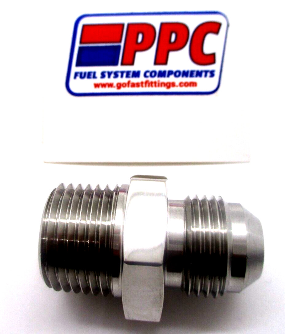 08 AN MALE FLARE TO 1/2" NPT ADAPTER SHOW POLISHED 304 STAINLESS STEEL