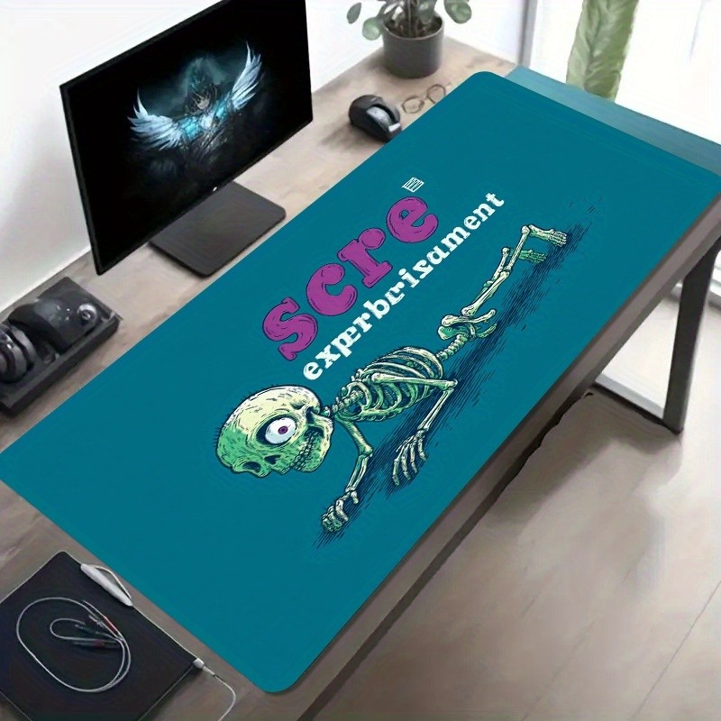 A Large Gaming Mouse Pad Featuring a Quirky Cartoon Skull Design, with a Non-Sl