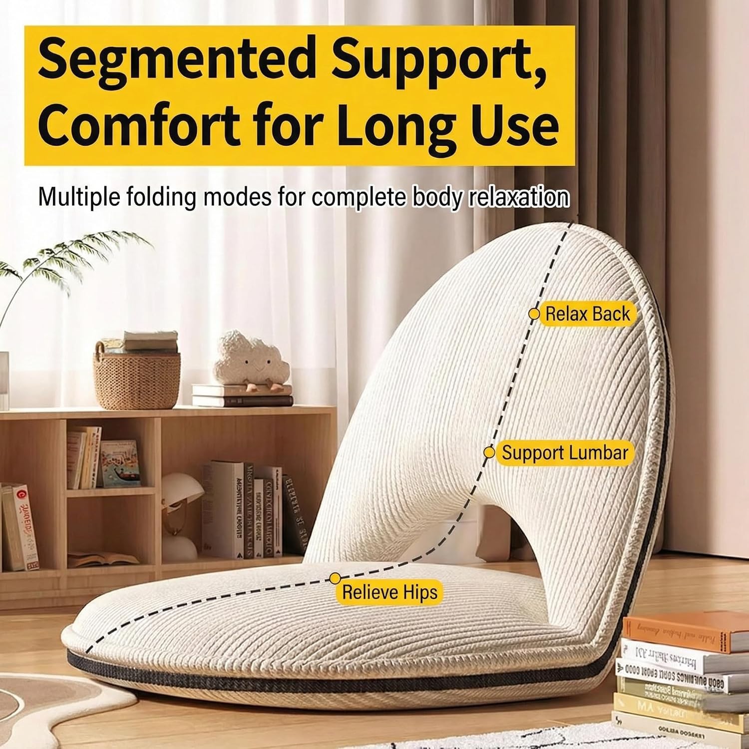 Foldable White Adjustable Floor Chairs with Back Support, Tatami Style Folding