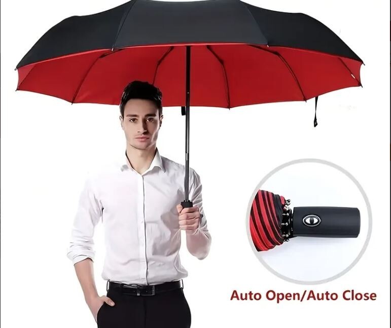 Black/Red Automatic Umbrella Anti-UV Sun Rain Windproof 3-Folding Compact