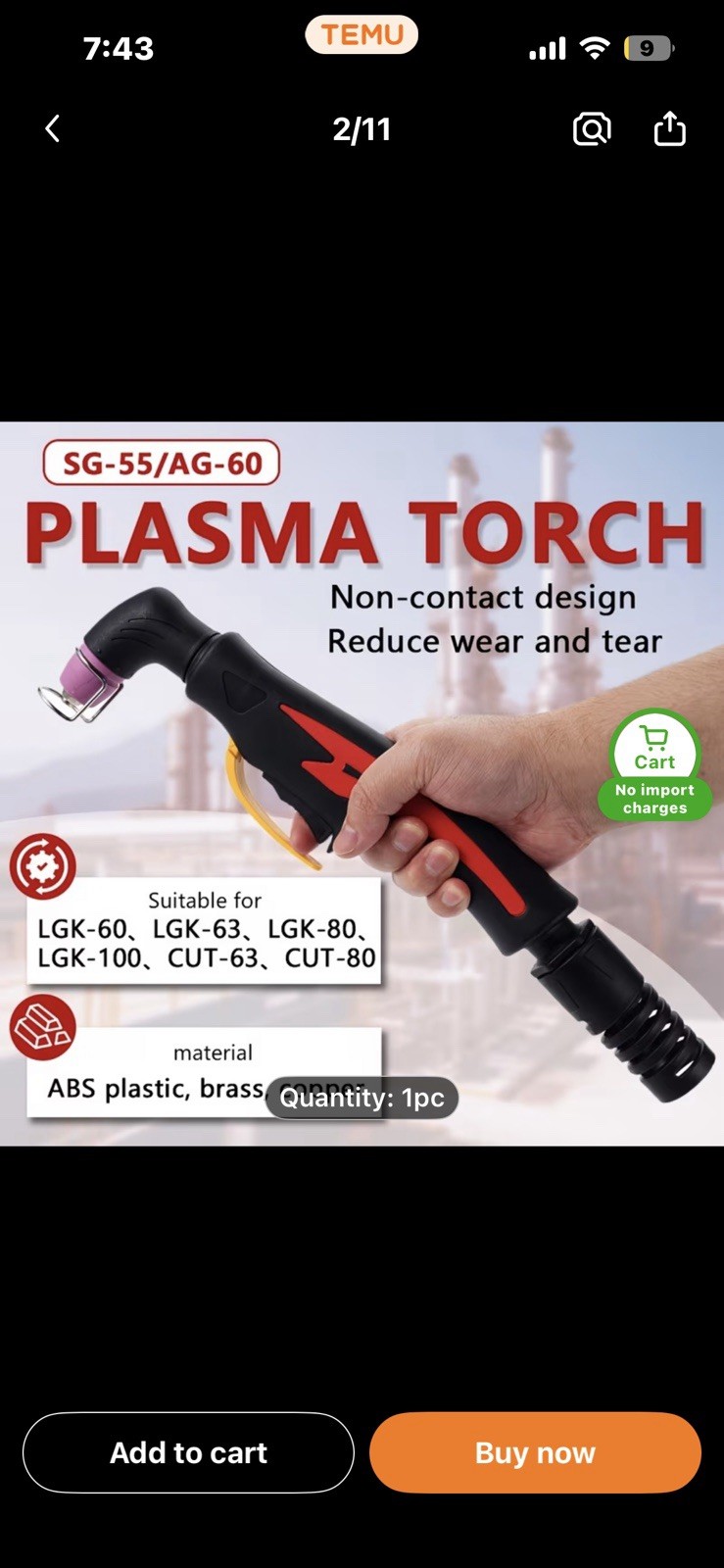 Plasma Cutting Torch Tip Black Red P60 3# Temwell Brand, New In Box