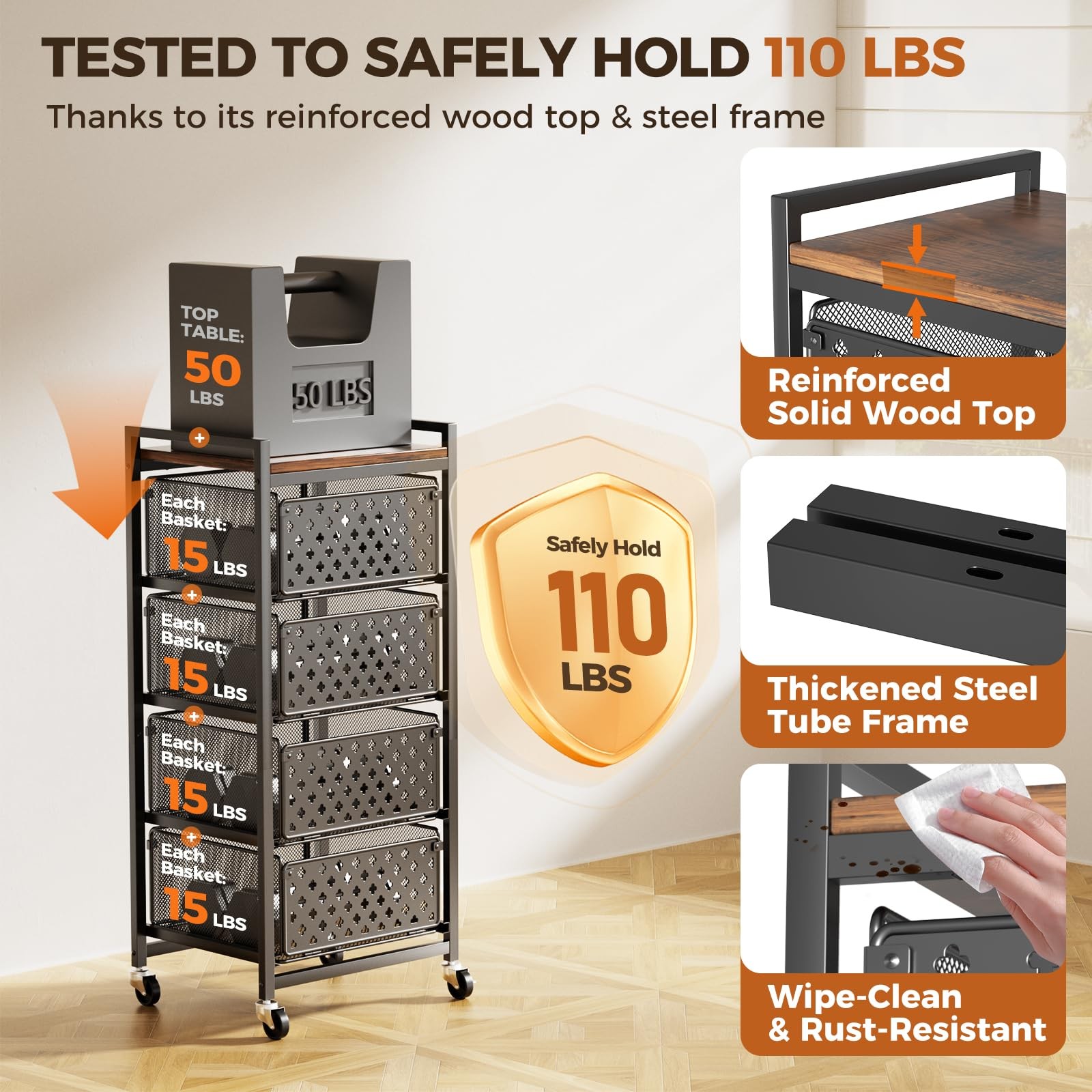 5 Tier Kitchen Storage Cart with Wheels, Utility Fruit Vegetable Storage Rack