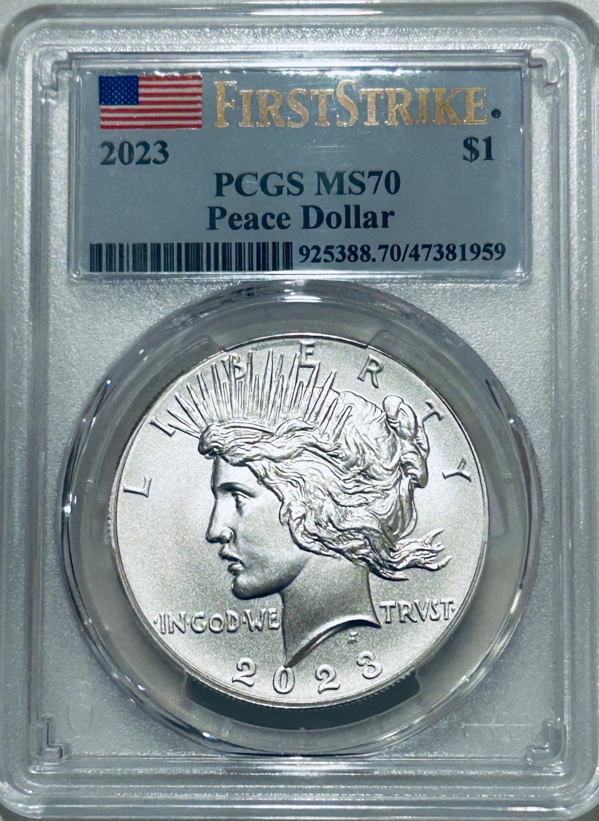 2023 Peace Silver Dollar PCGS MS70 First Strike/Flag Label