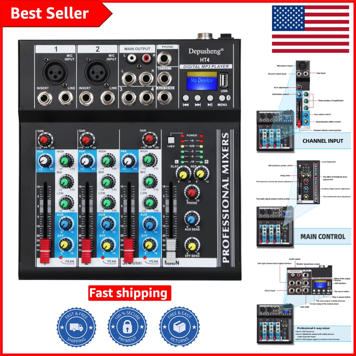 HT4 Portable Bluetooth 4-Channel DJ Mixer with USB for Studio Performance