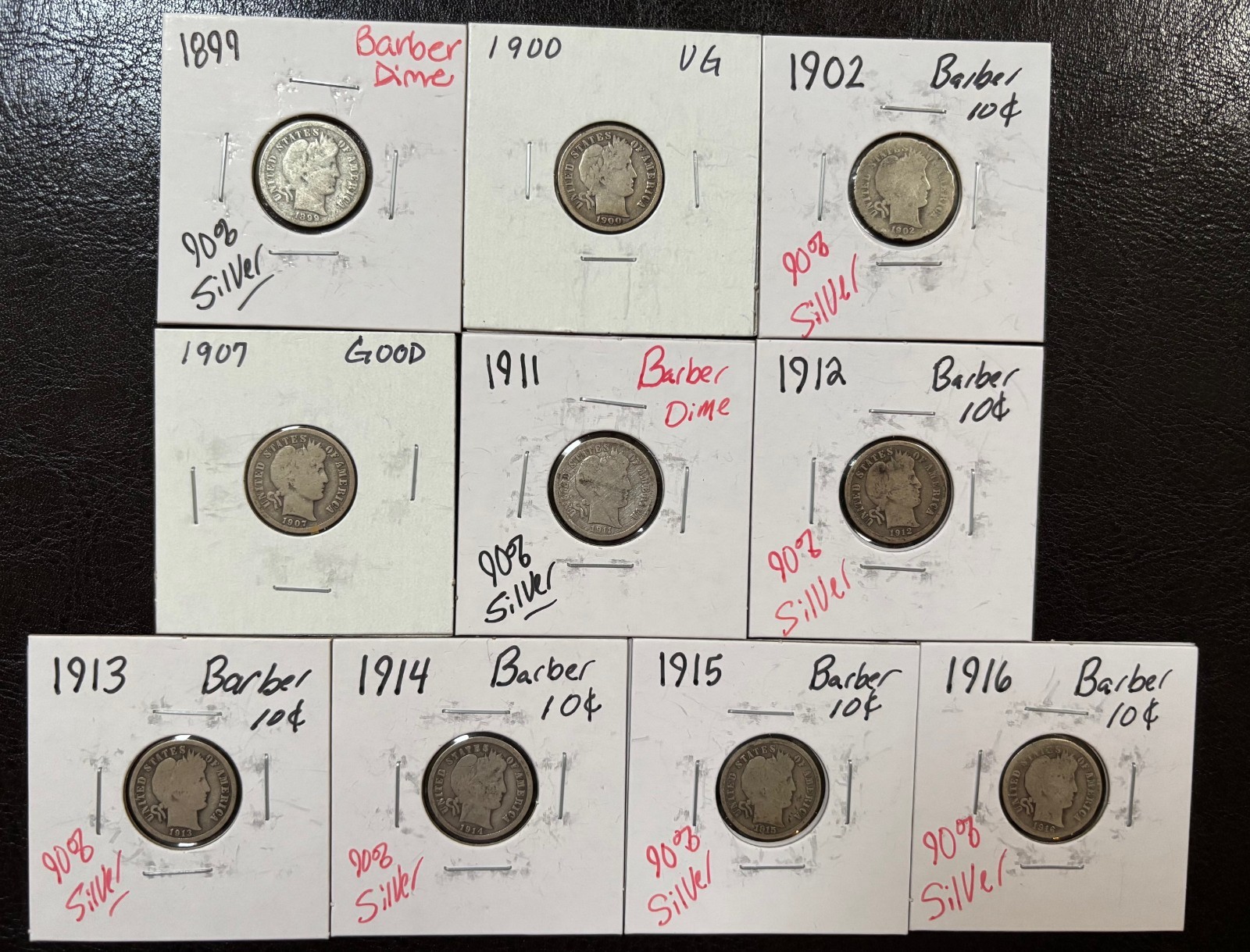 Lot of Ten (10) Barber Dimes 90% Silver 10c Circulated 1899-1916 (#965)