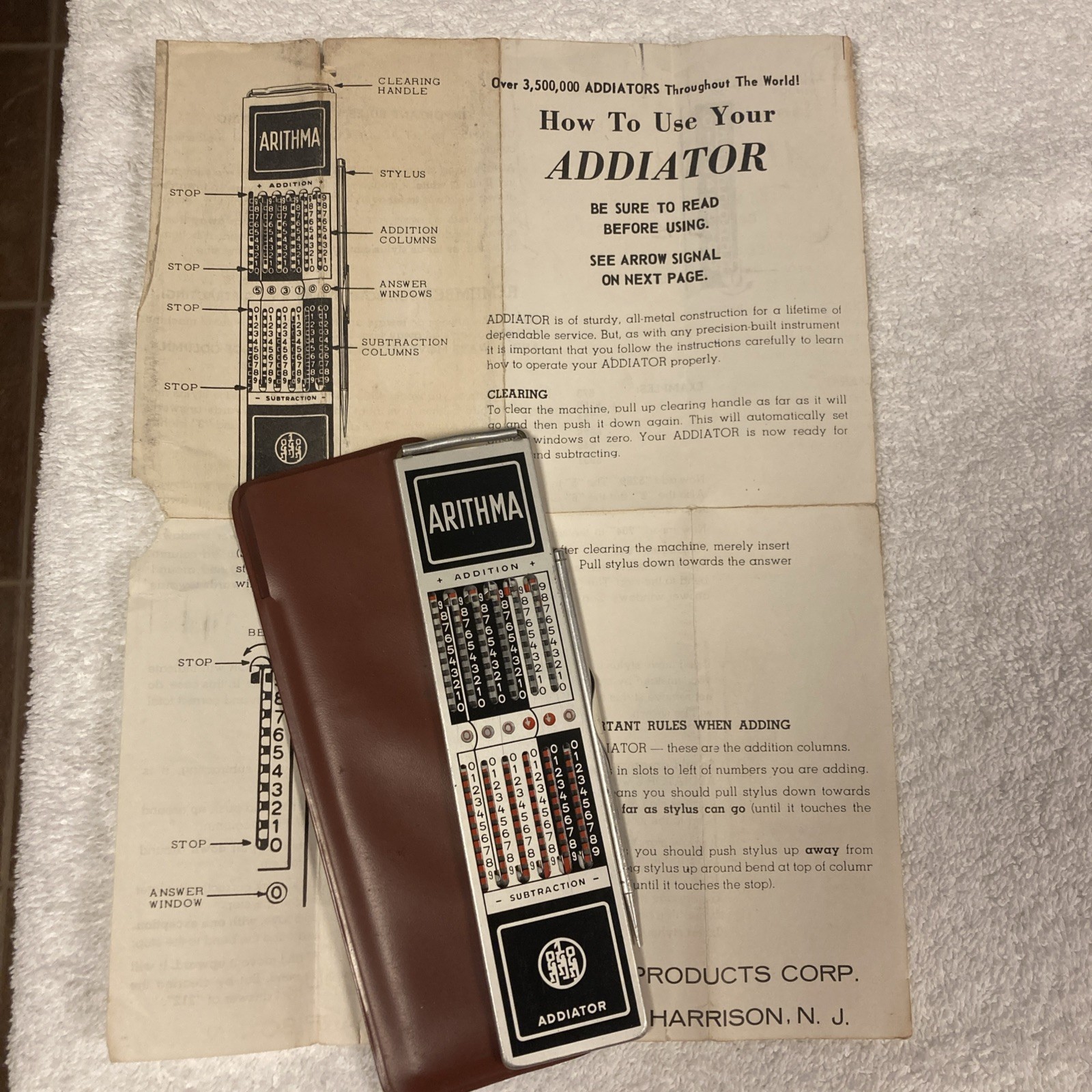 Vintage ARITHMA ADDIATOR Mechanical Pocket Calculator w/ Manuel, Stylus & Case