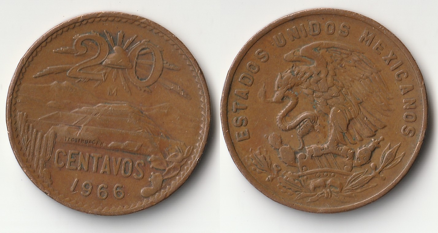1966 Mexico 20 centavos coin