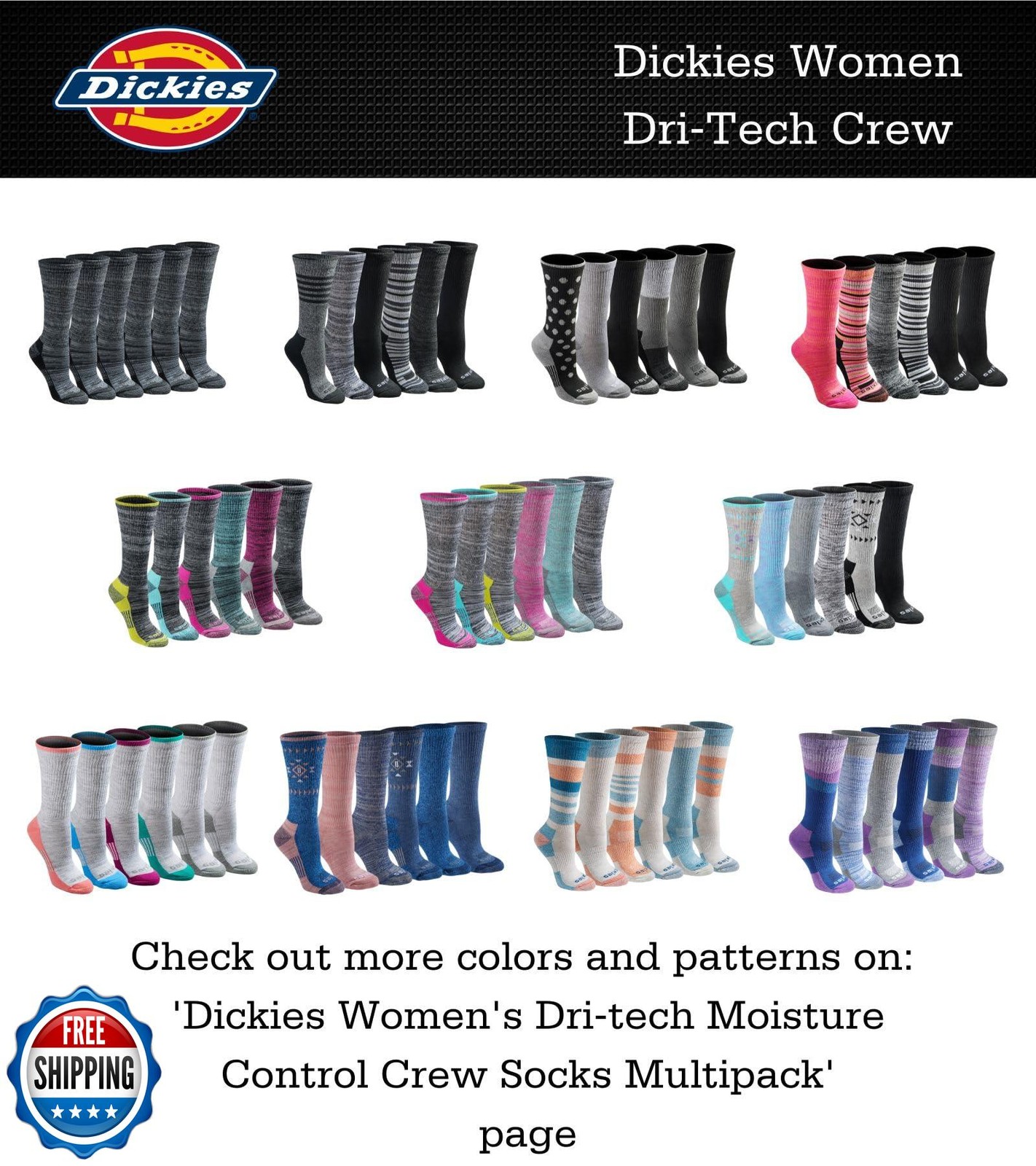 Dickies Women's Dri-Tech Essential Moisture Control Crew Socks, A