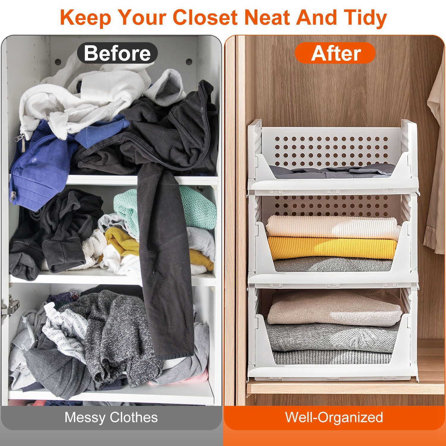 4PCS Closet Organizer Stackable Push-Pull Clothes Foldable Plastic Organizer