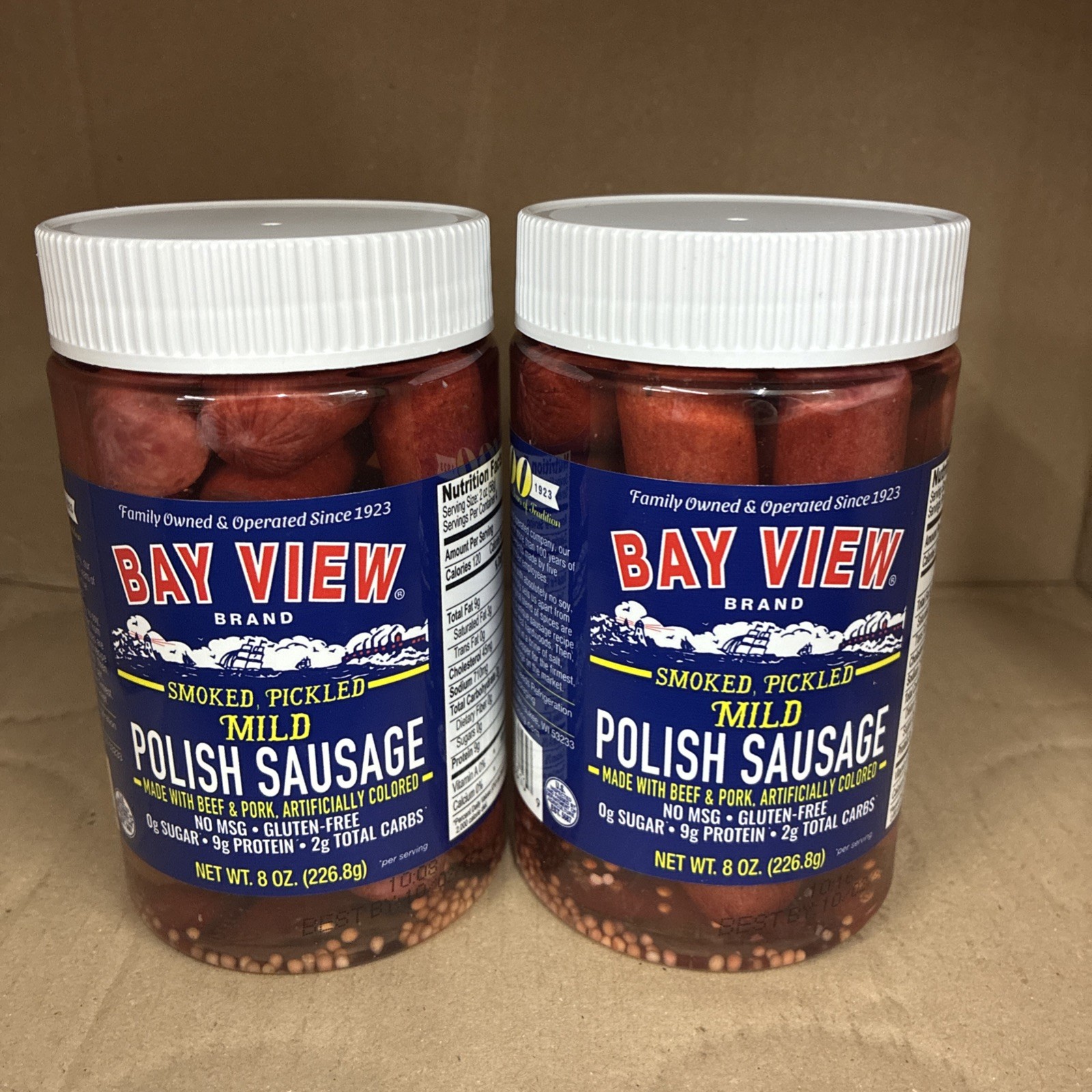 Bay View Smoked Pickled Mild Polish Sausage Beef Pork Gluten Free, 8 oz (2 Jars)