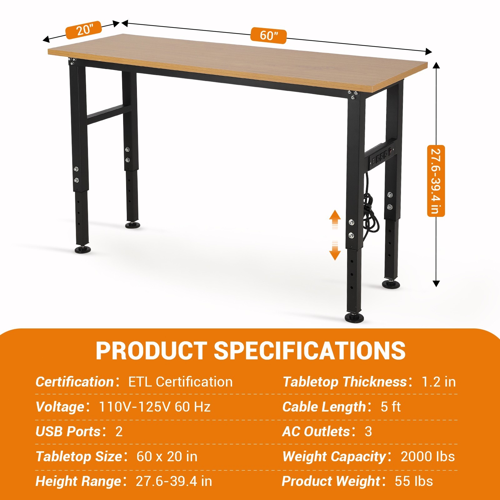 Adjustable Workbench w/Power Outlet 60x20" Work Benches 2500 LBS for Garage